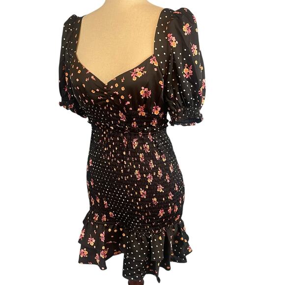 For Love & Lemons Camellia Mini Dress Black Floral Smocked Short Sleeve Medium - Picture 7 of 12